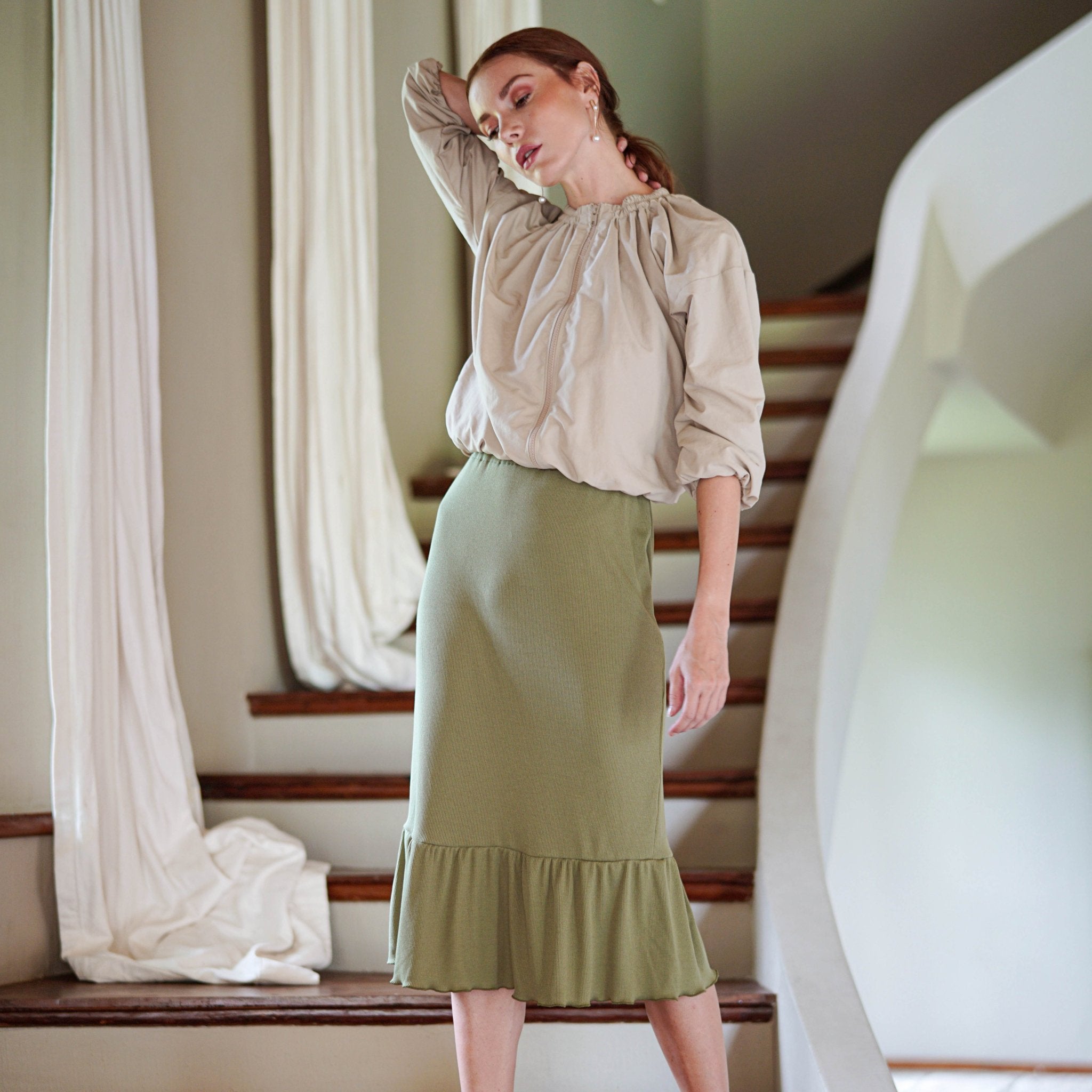 MARJORIE Ruffle Rib Skirt In Moss Green - Diazza