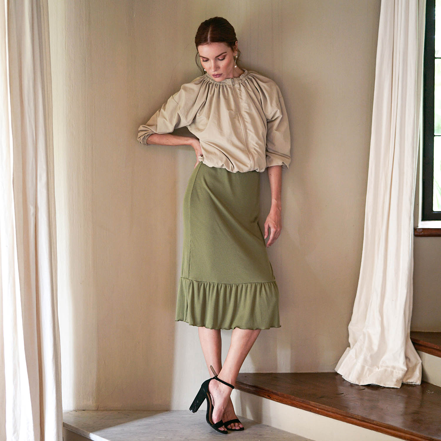 MARJORIE Ruffle Rib Skirt In Moss Green - Diazza