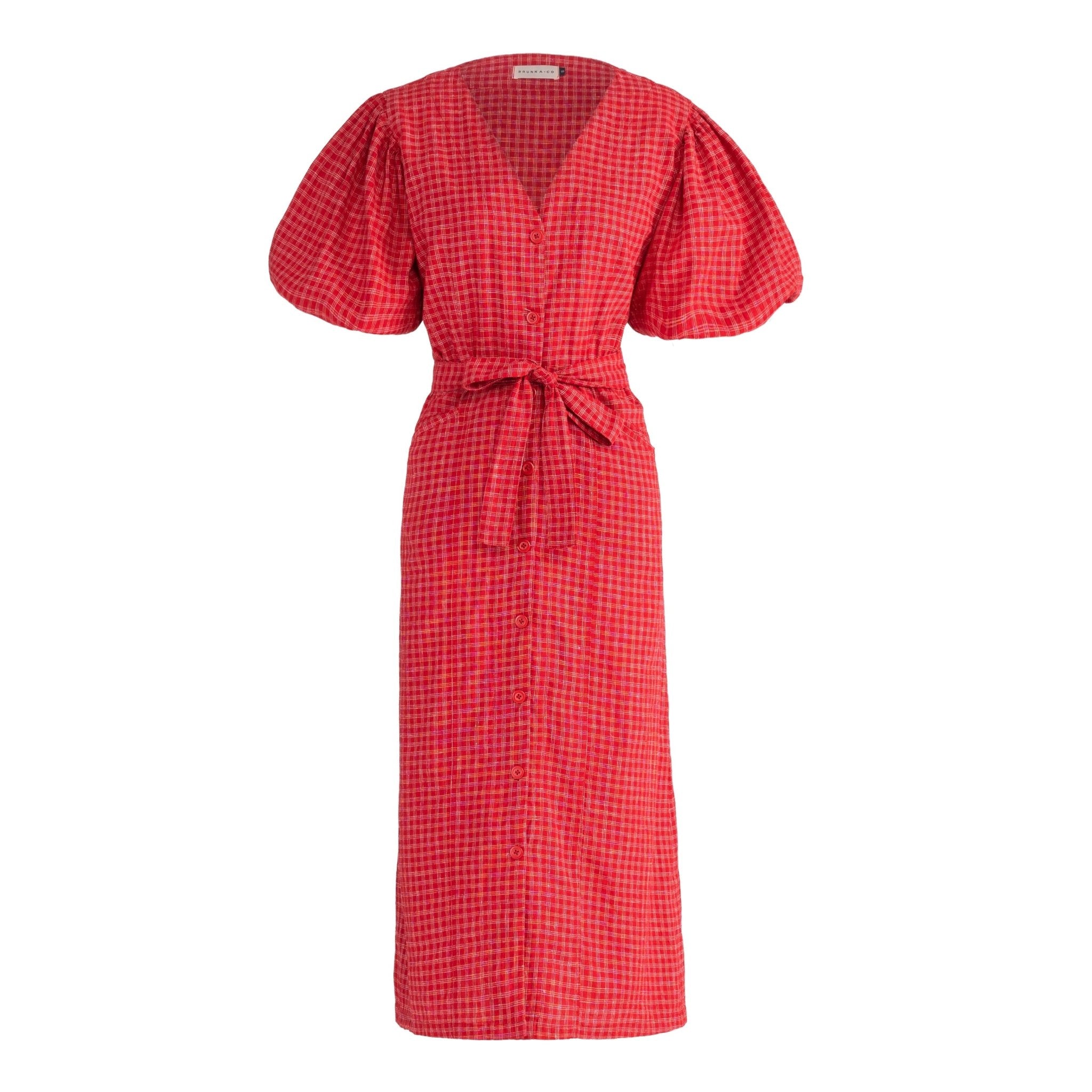 MEGHAN Gingham Hemp Midi Dress In Scarlet Red - Diazza