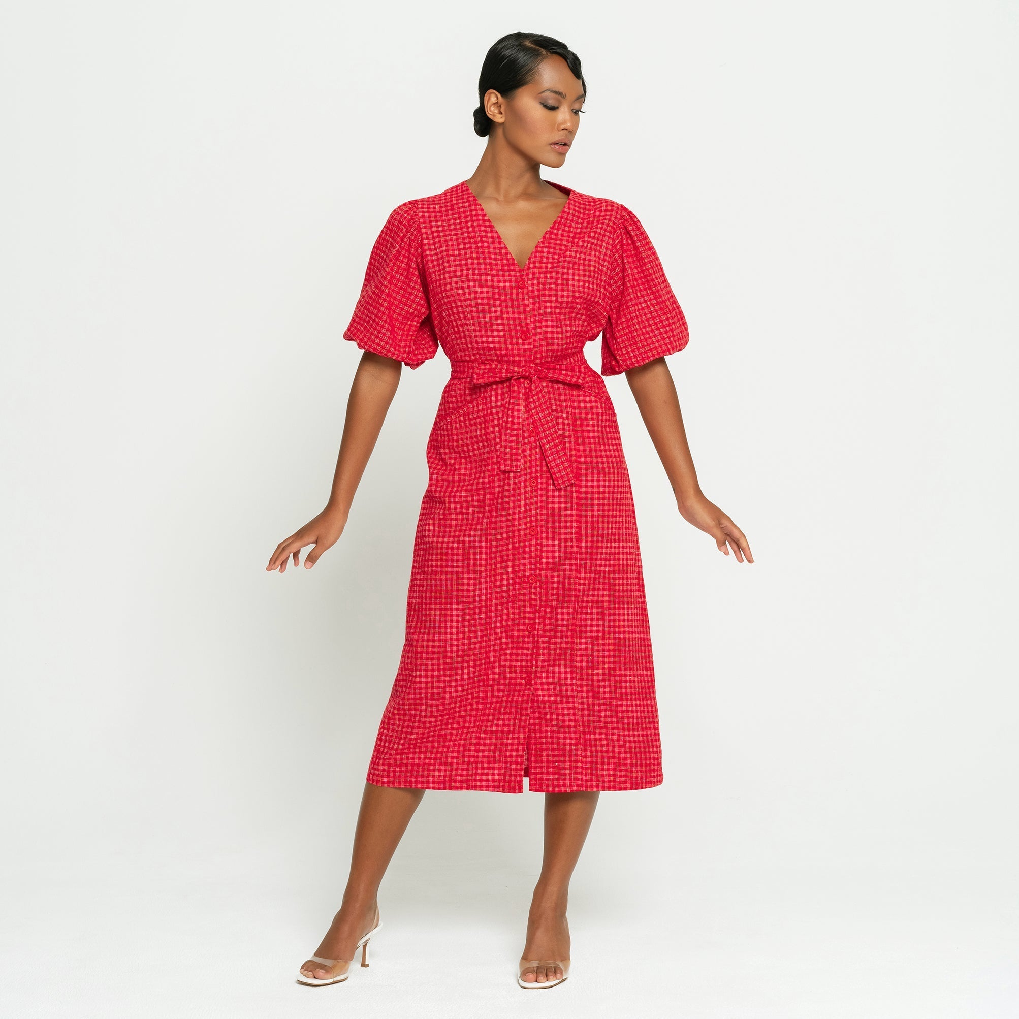 MEGHAN Gingham Hemp Midi Dress In Scarlet Red - Diazza