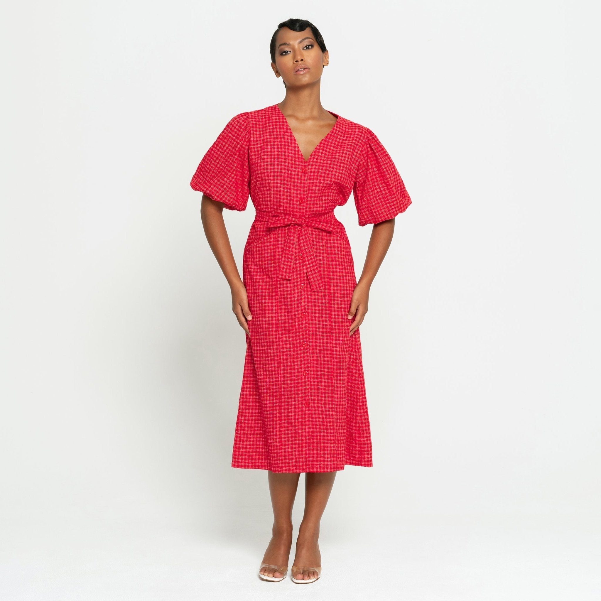 MEGHAN Gingham Hemp Midi Dress In Scarlet Red - Diazza