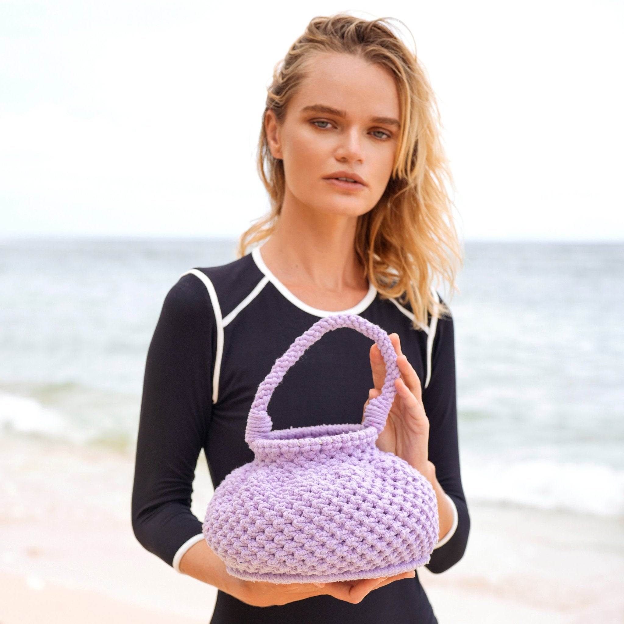 Naga Macrame Bucket Bag, in Periwinkle Purple - Diazza