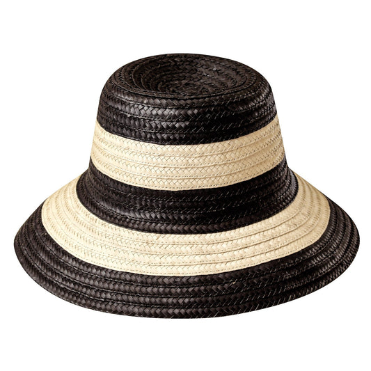 NONA Striped Bucket Palm Straw Hat In Black and Natural - Diazza