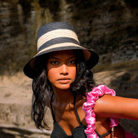 NONA Striped Bucket Palm Straw Hat In Black and Natural - Diazza