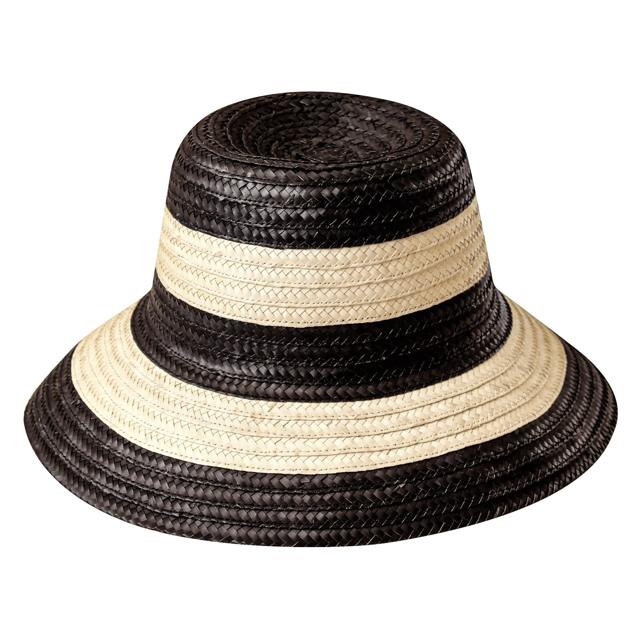 NONA Striped Bucket Palm Straw Hat In Black and Natural - Diazza