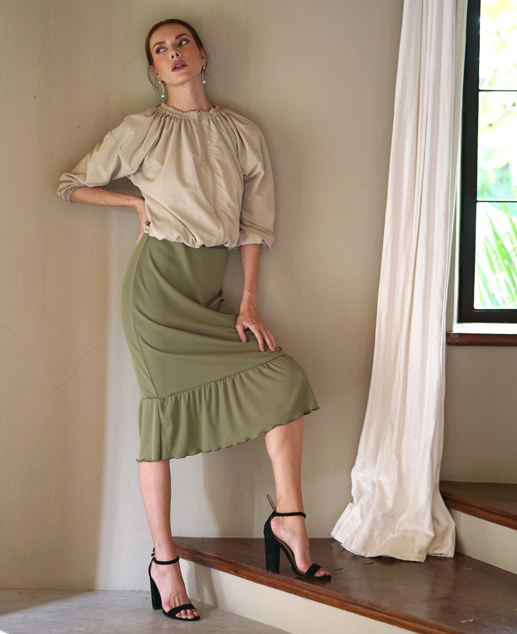 NORMA Recycled Ruffle Jacket, in Beige - Diazza