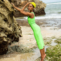 OLA Recycled Rib Midi Dress In Neon Green - Diazza