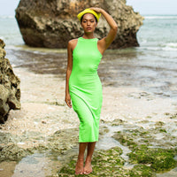 OLA Recycled Rib Midi Dress In Neon Green - Diazza