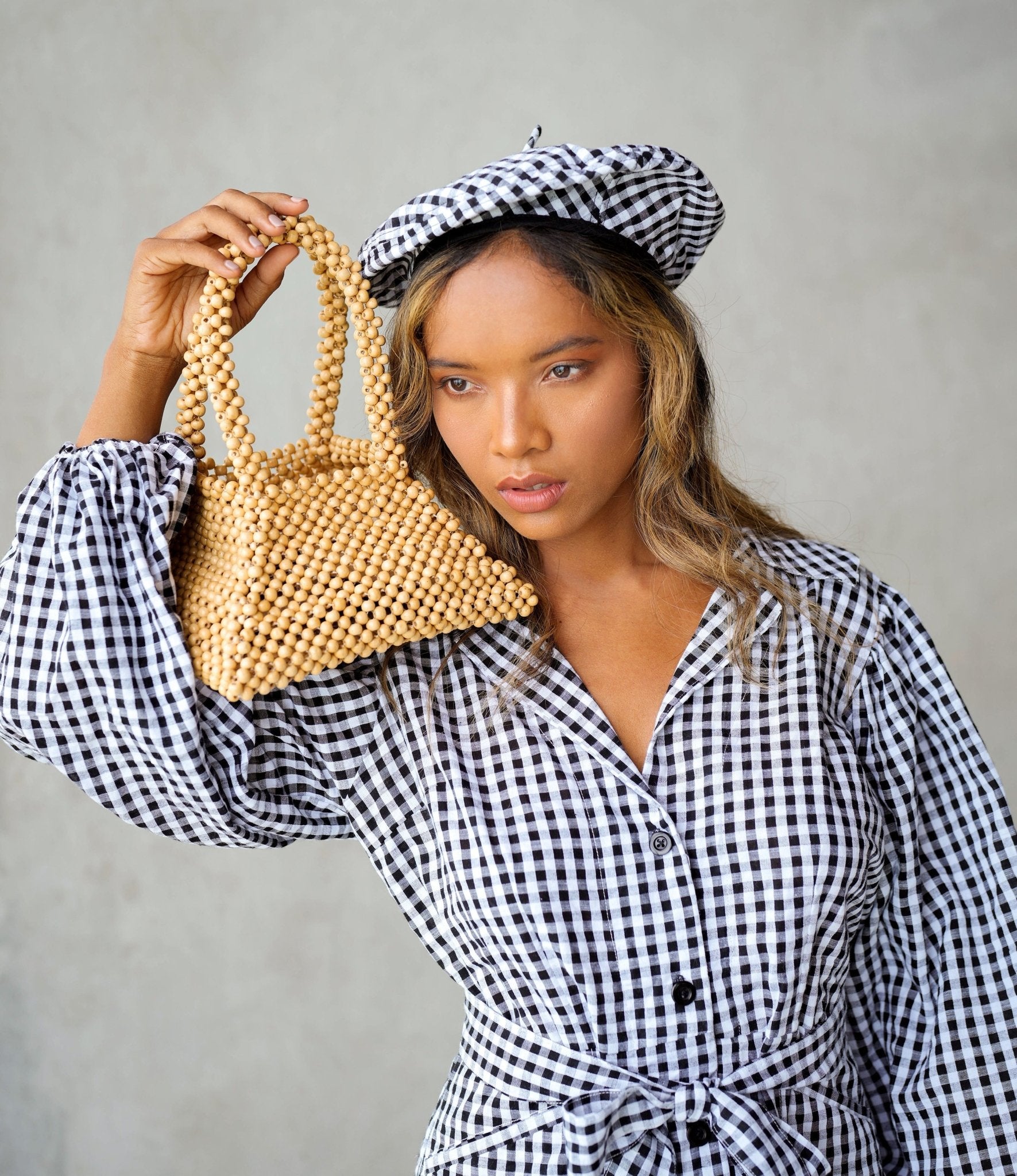 Pyramid Beaded Tote Bag in Toasted Beige - Diazza