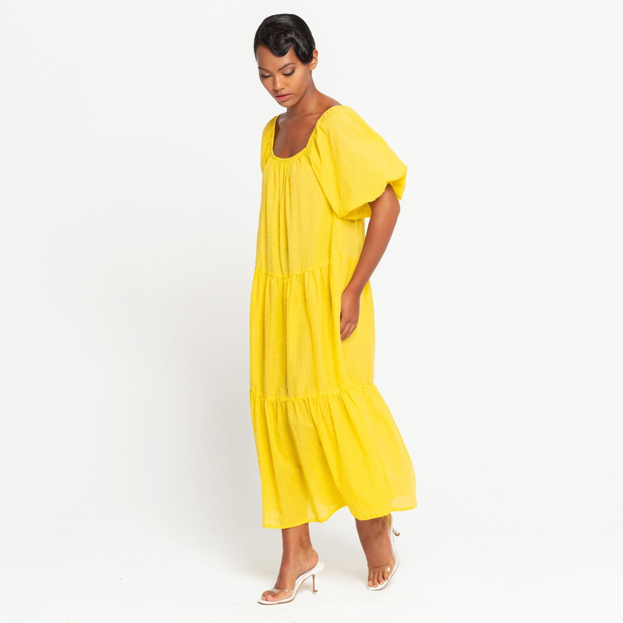 ROSEMARY Dotted Cotton Dress, in Sunflower Yellow - Diazza