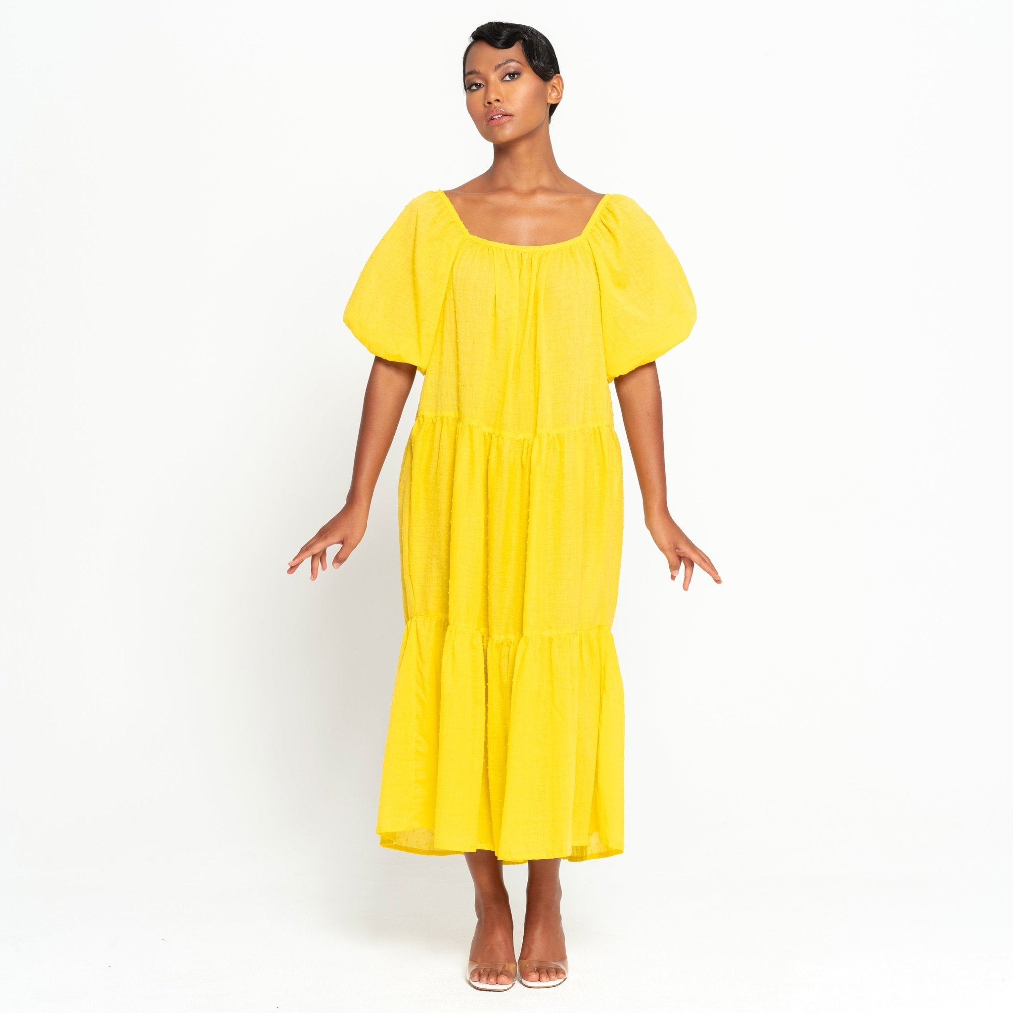 ROSEMARY Dotted Cotton Dress, in Sunflower Yellow - Diazza
