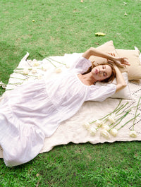 Rosemary Dotted Plaid Cotton Dress, in Off white - Diazza