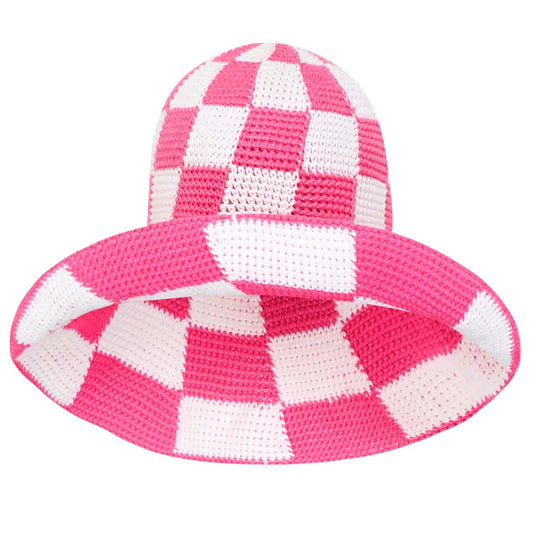 SHILO Checkered Crochet Hat In Pink & White - Diazza