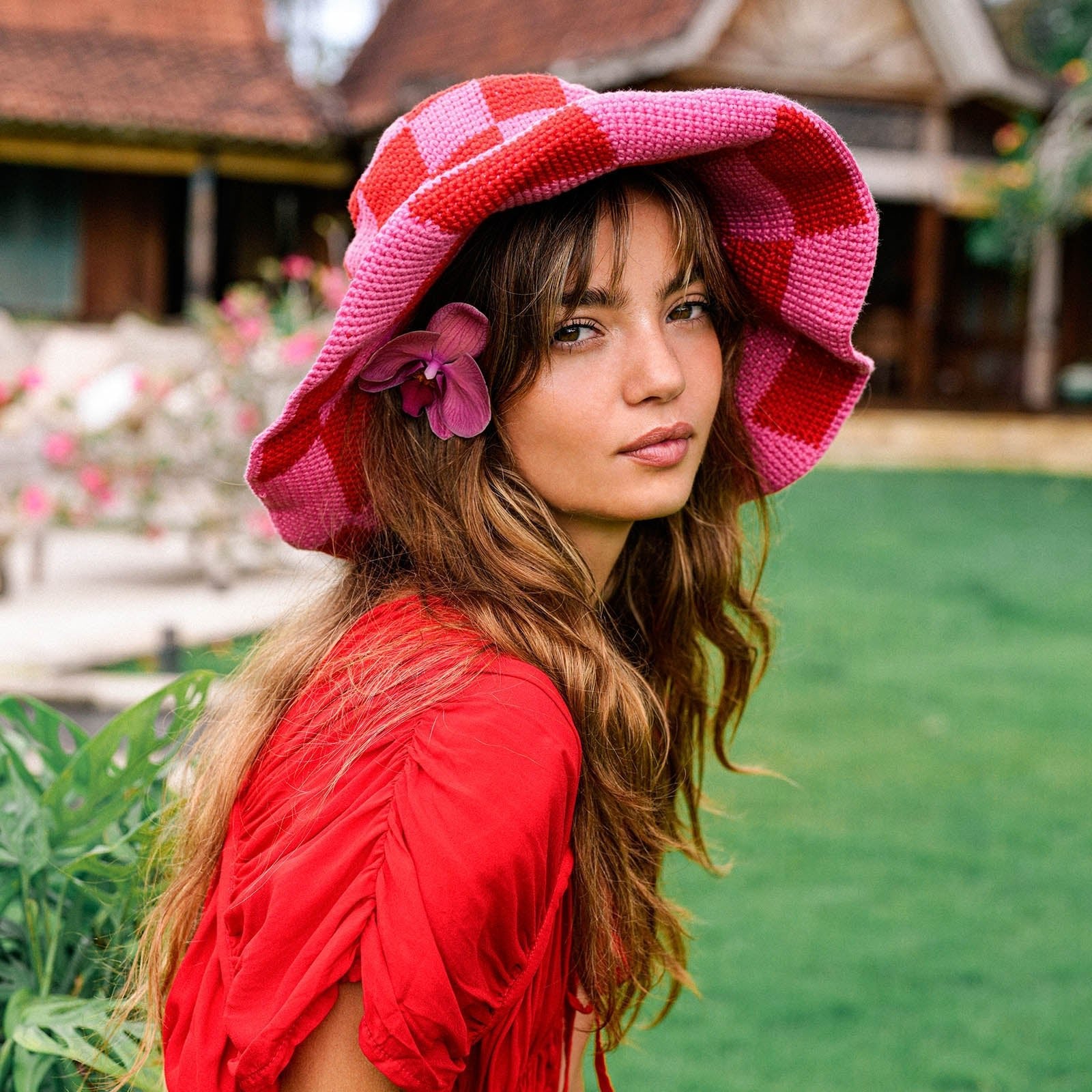 SHILO Checkered Crochet Hat In Red & Pink - Diazza