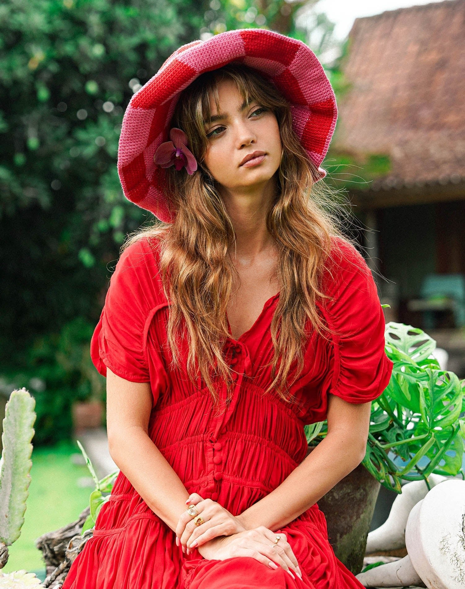 SHILO Checkered Crochet Hat In Red & Pink - Diazza