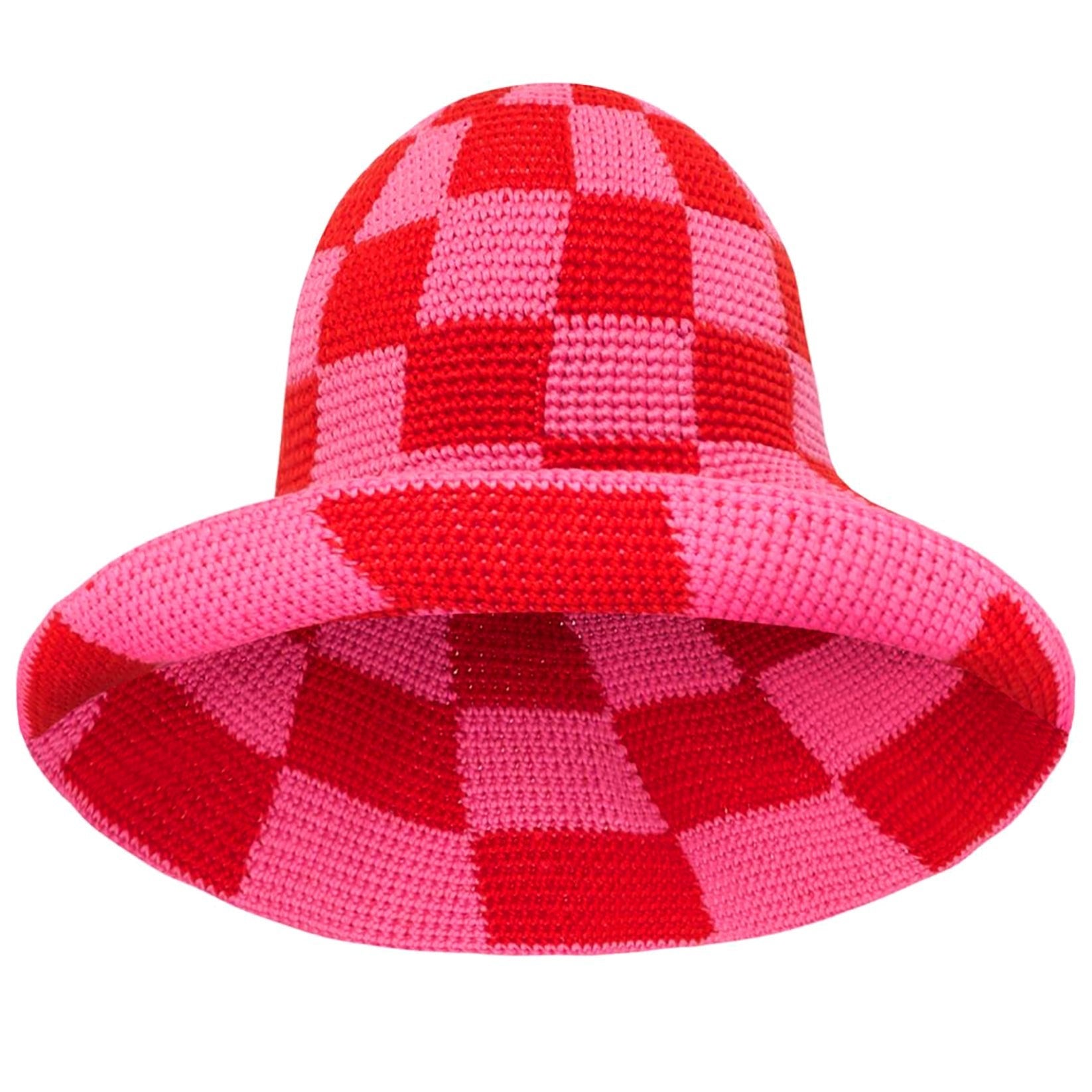 SHILO Checkered Crochet Hat In Red & Pink - Diazza
