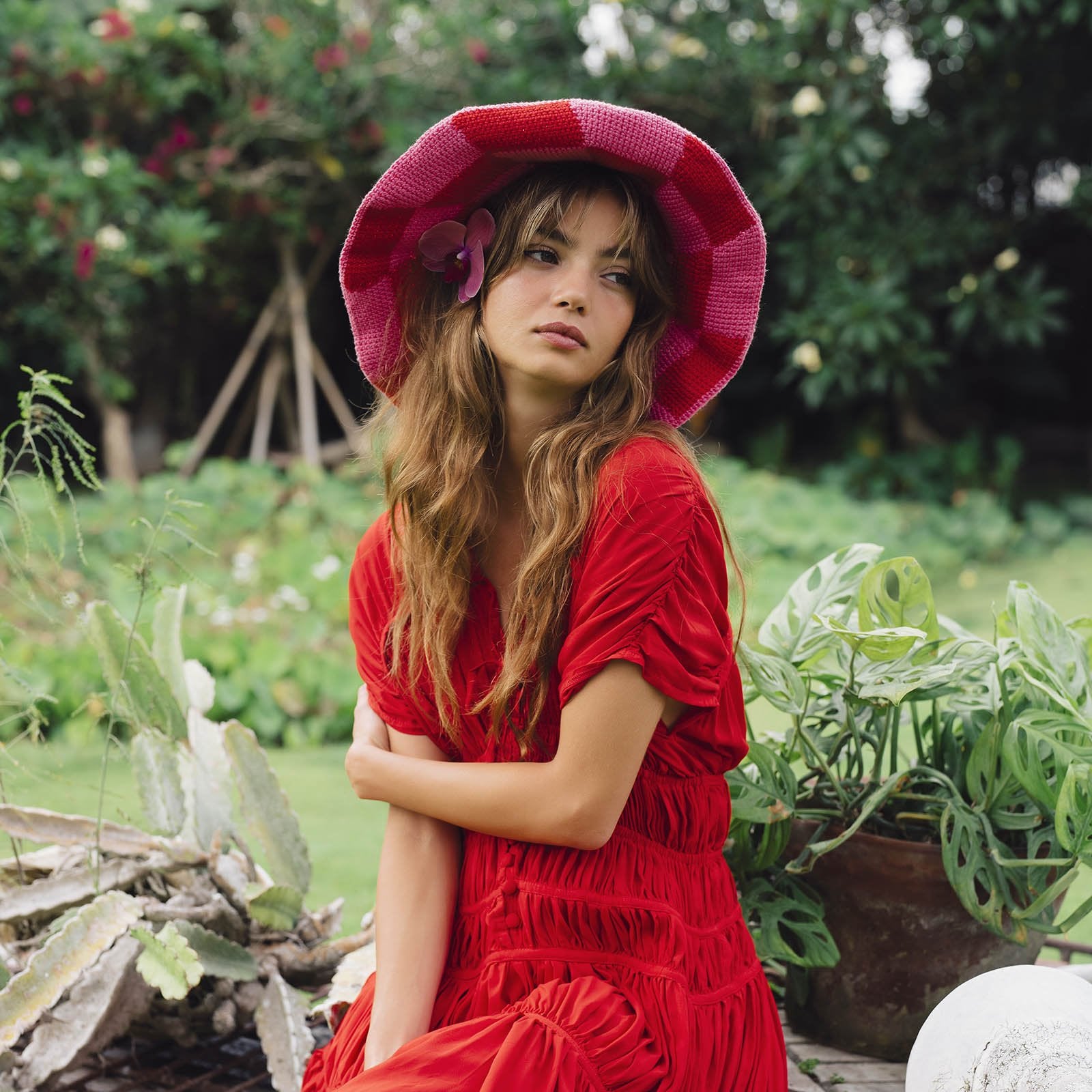 SHILO Checkered Crochet Hat In Red & Pink - Diazza