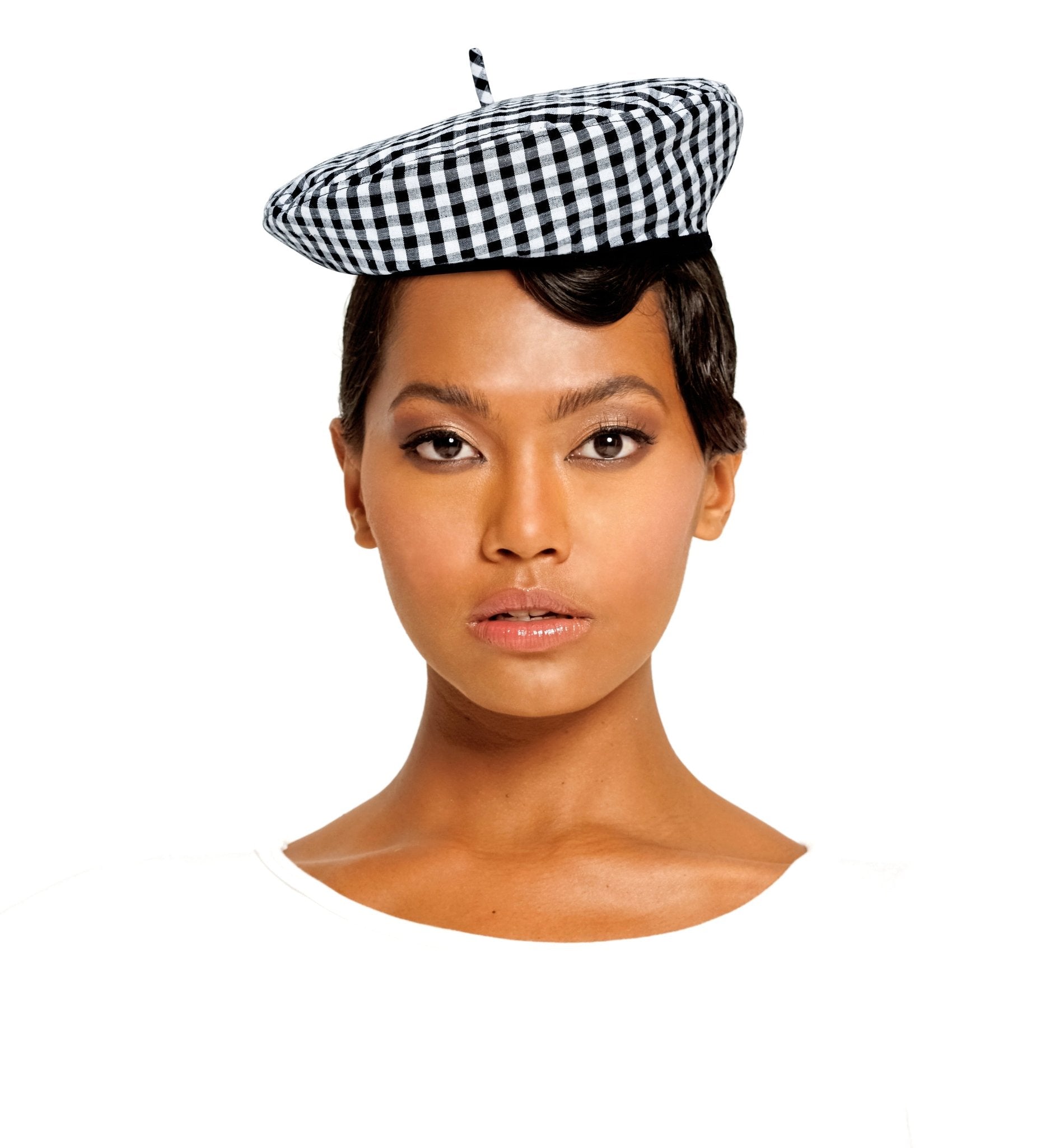 SIMONE Gingham Beret Hat In Black - Diazza