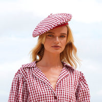 SIMONE Gingham Beret Hat In Red - Diazza