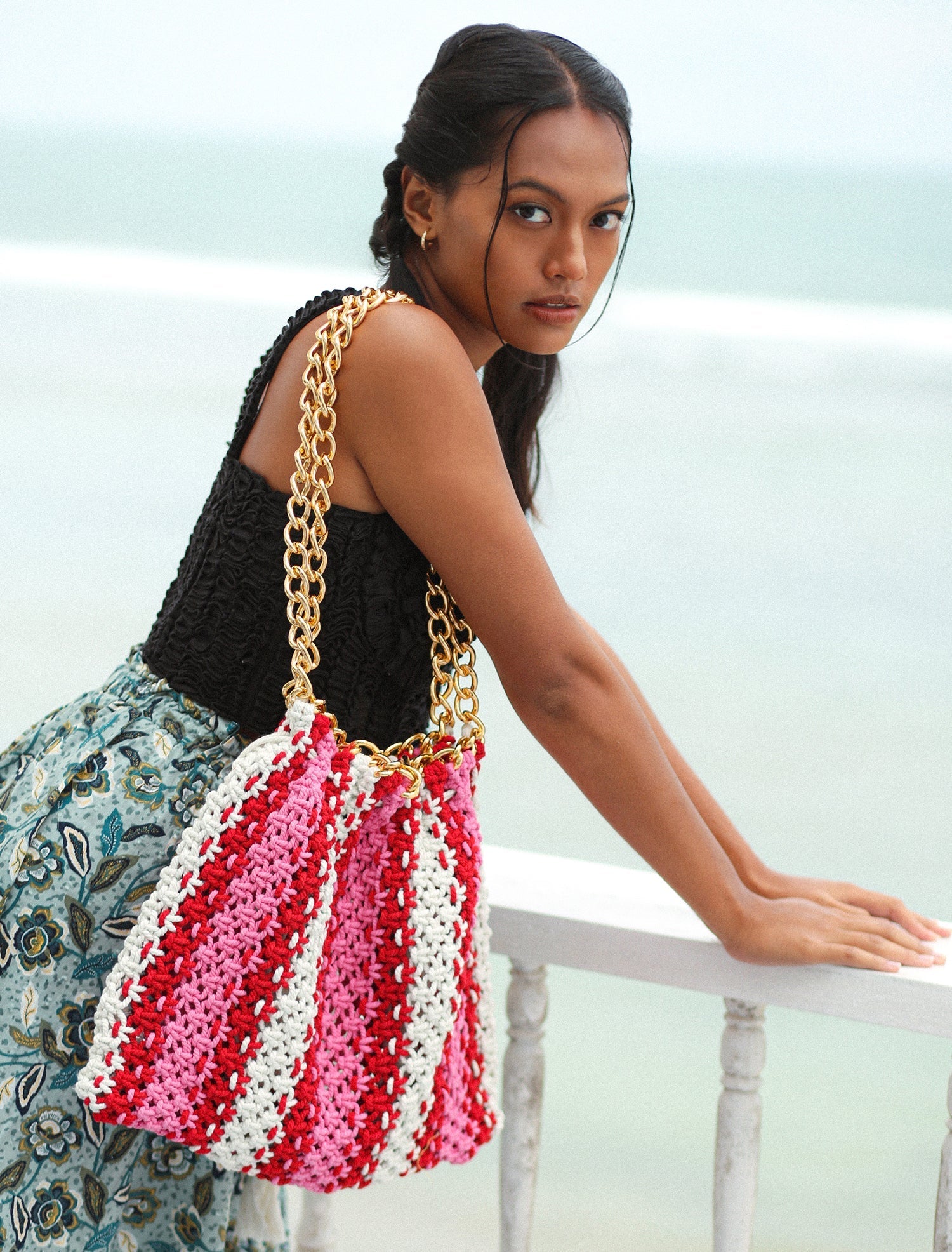 The Colette Macrame Beach Bag In Pink & Red - Diazza