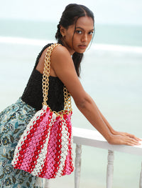 The Colette Macrame Beach Bag In Pink & Red - Diazza