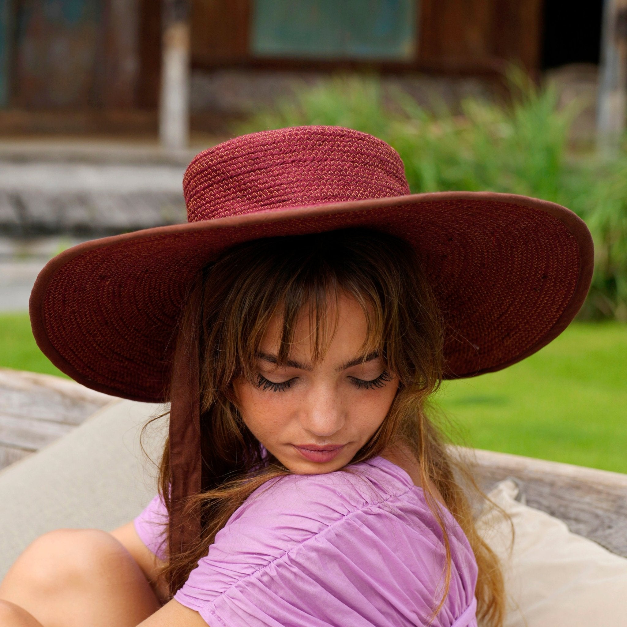 The Lolo Wide - brim Jute Boater Hat in Burgundy - Diazza