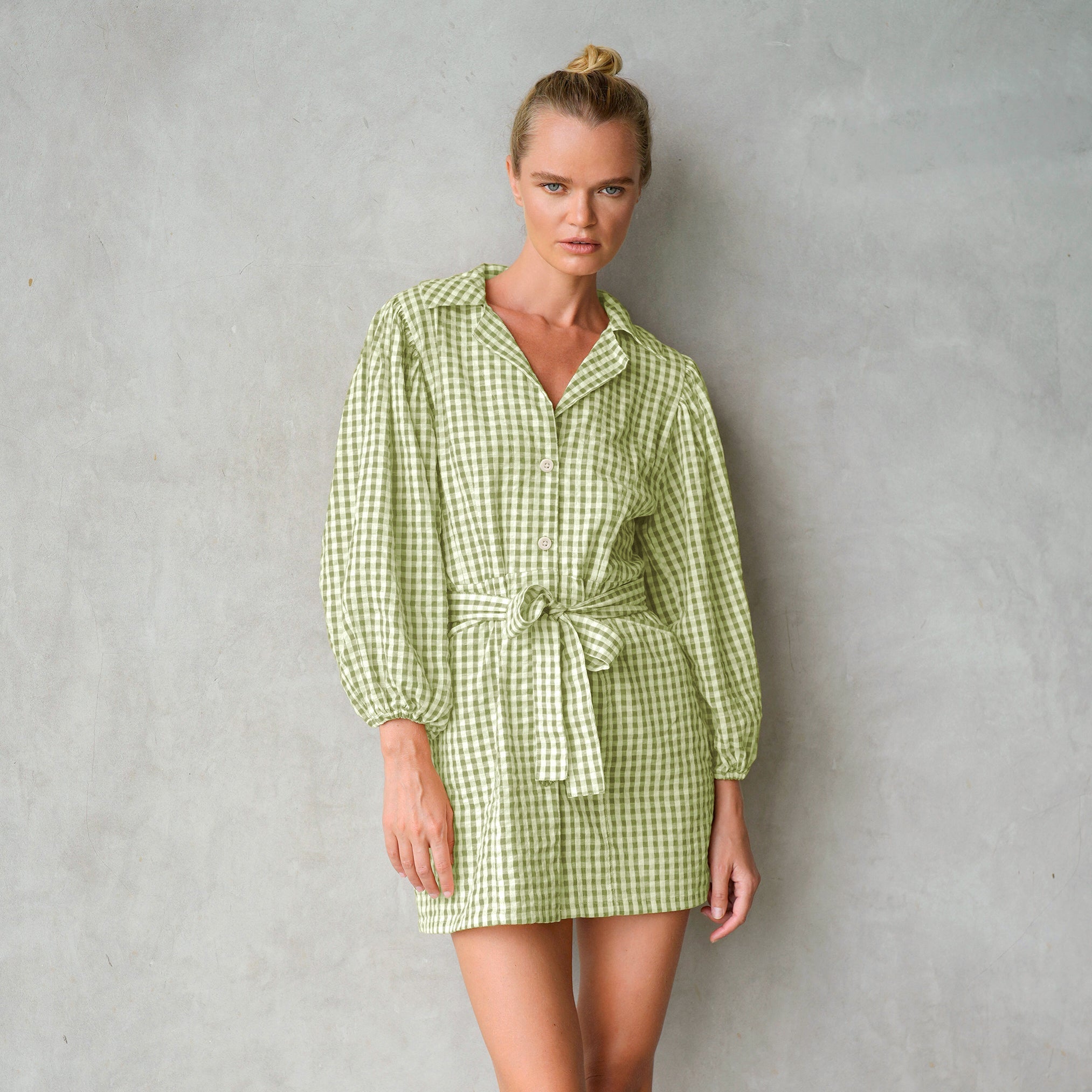 The Meghan Mini Gingham Dress, in Olive Green - Diazza