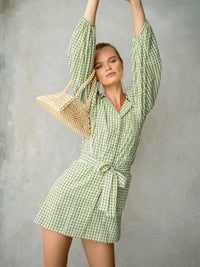 The Meghan Mini Gingham Dress, in Olive Green - Diazza