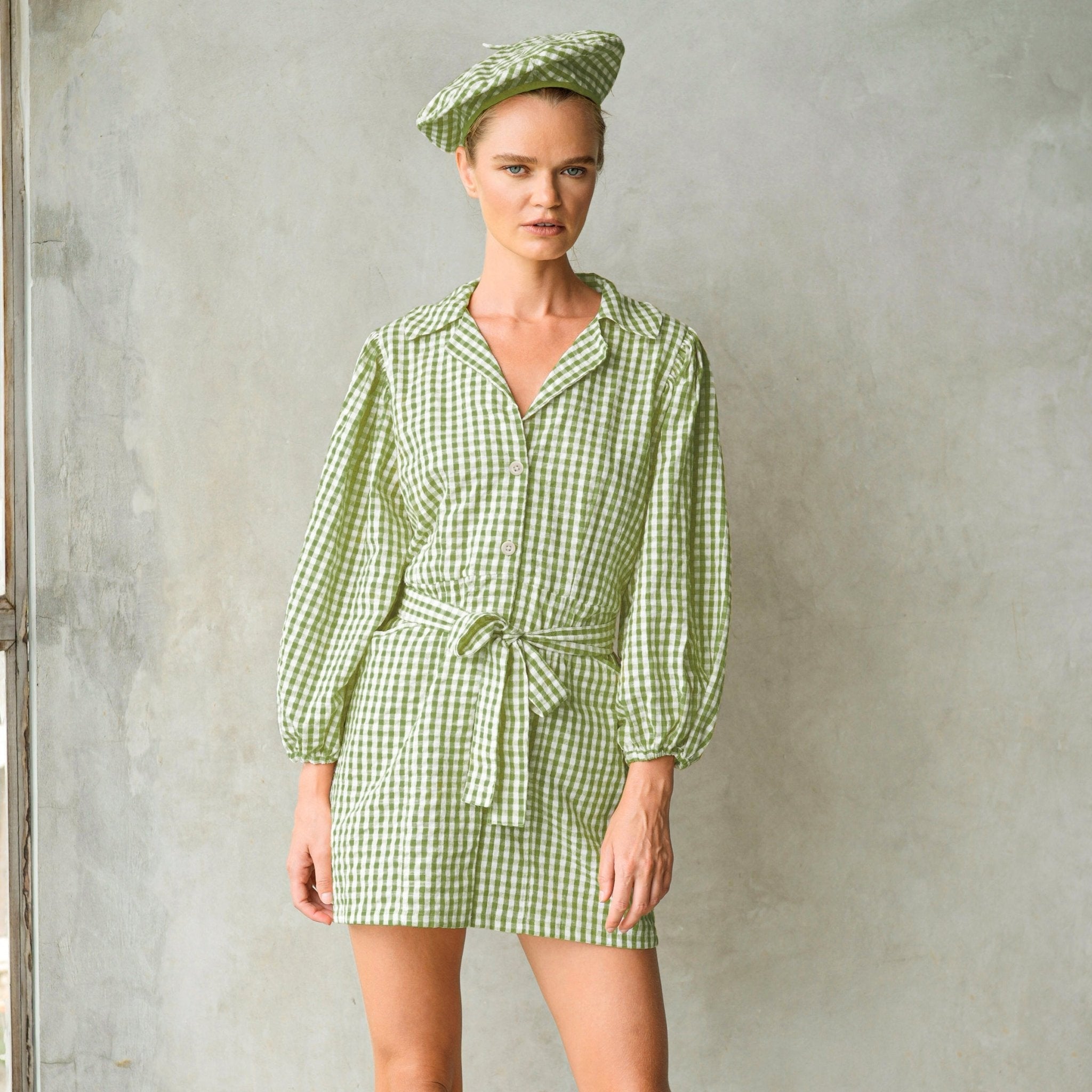 The Meghan Mini Gingham Dress, in Olive Green - Diazza