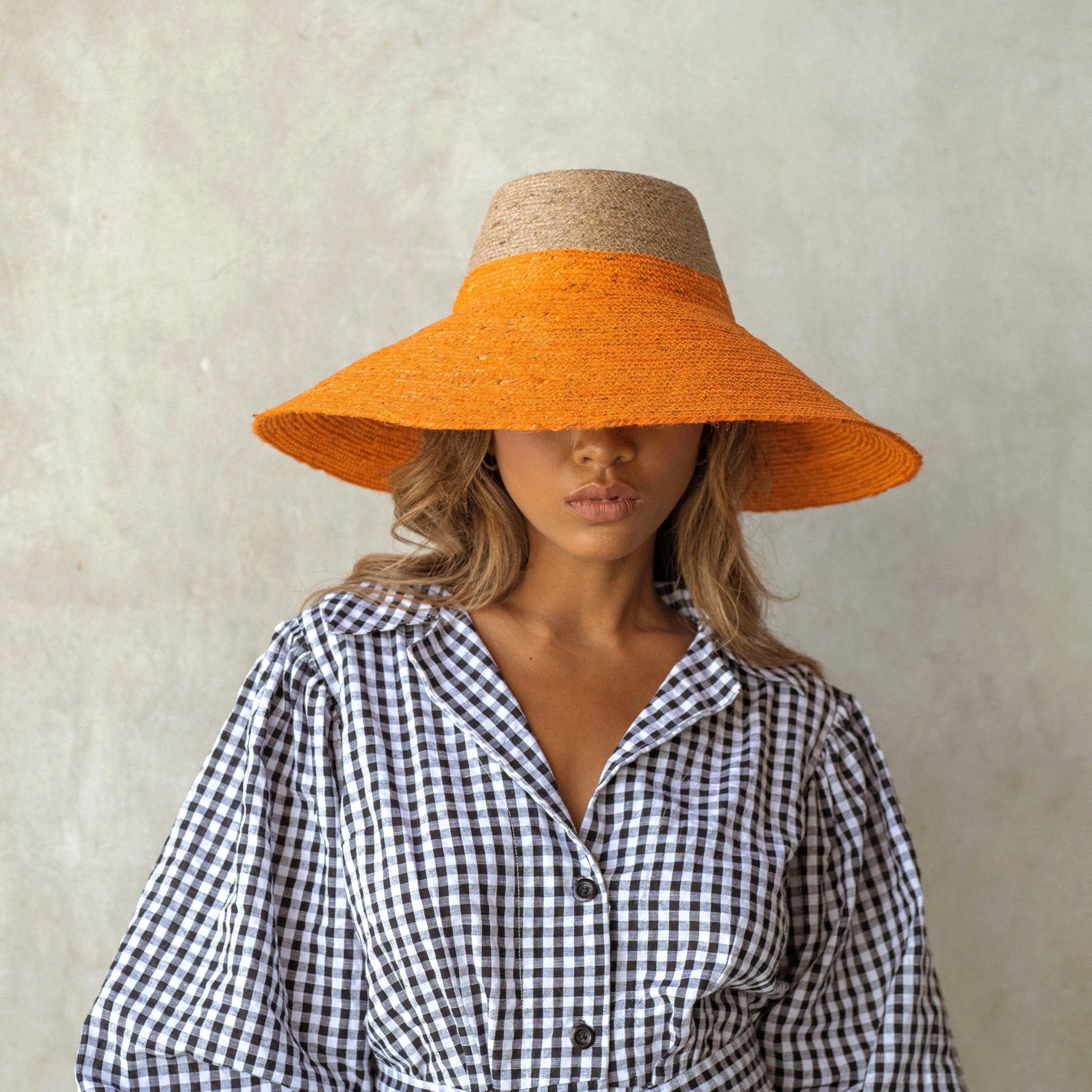 The Riri Duo Jute Straw Hat In Tangerine Orange - Diazza