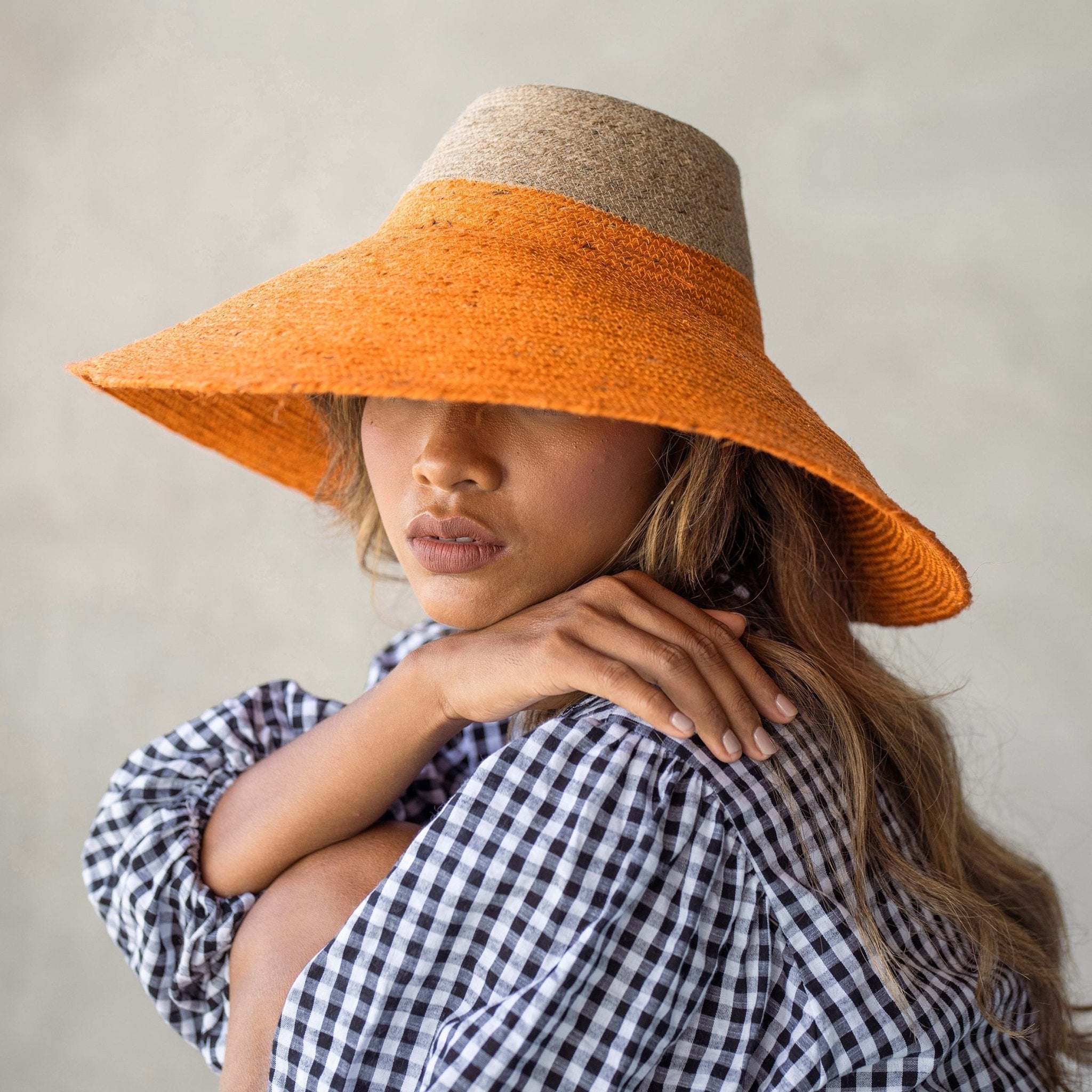 The Riri Duo Jute Straw Hat In Tangerine Orange - Diazza