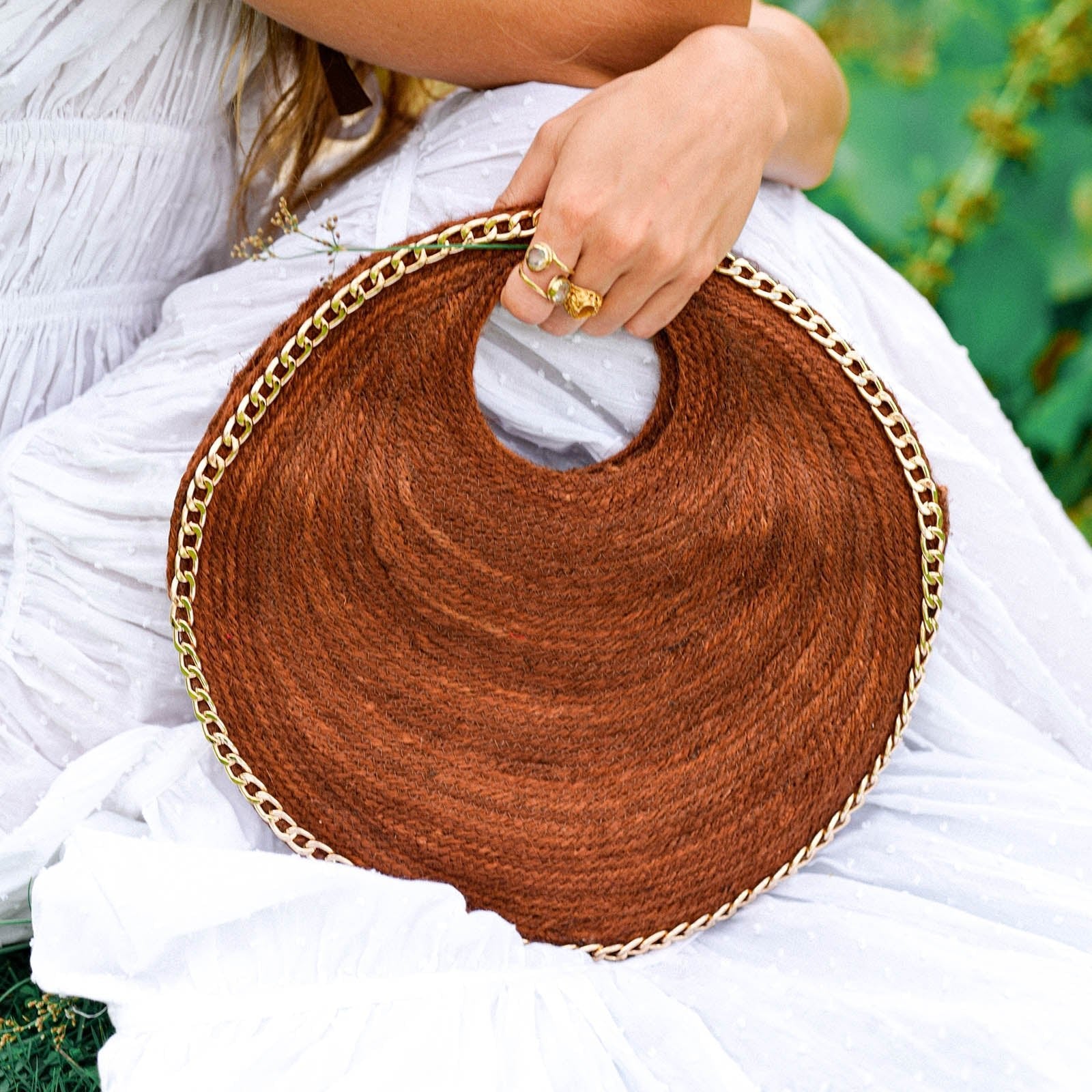 The Solo Espresso Mini Jute Bag With Gold Chain - Diazza