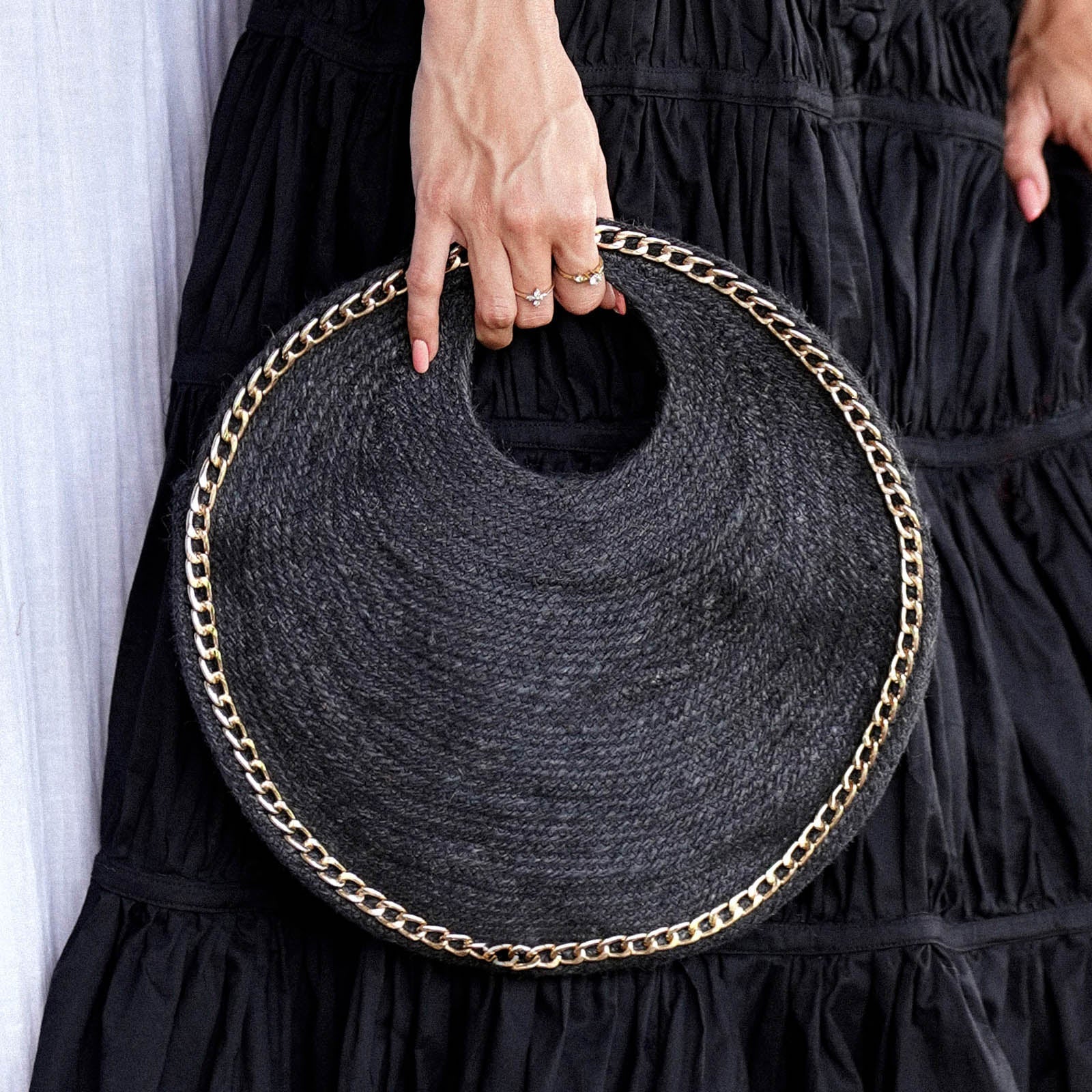 The Solo Fig Mini Black Jute Bag With Gold Chain - Diazza