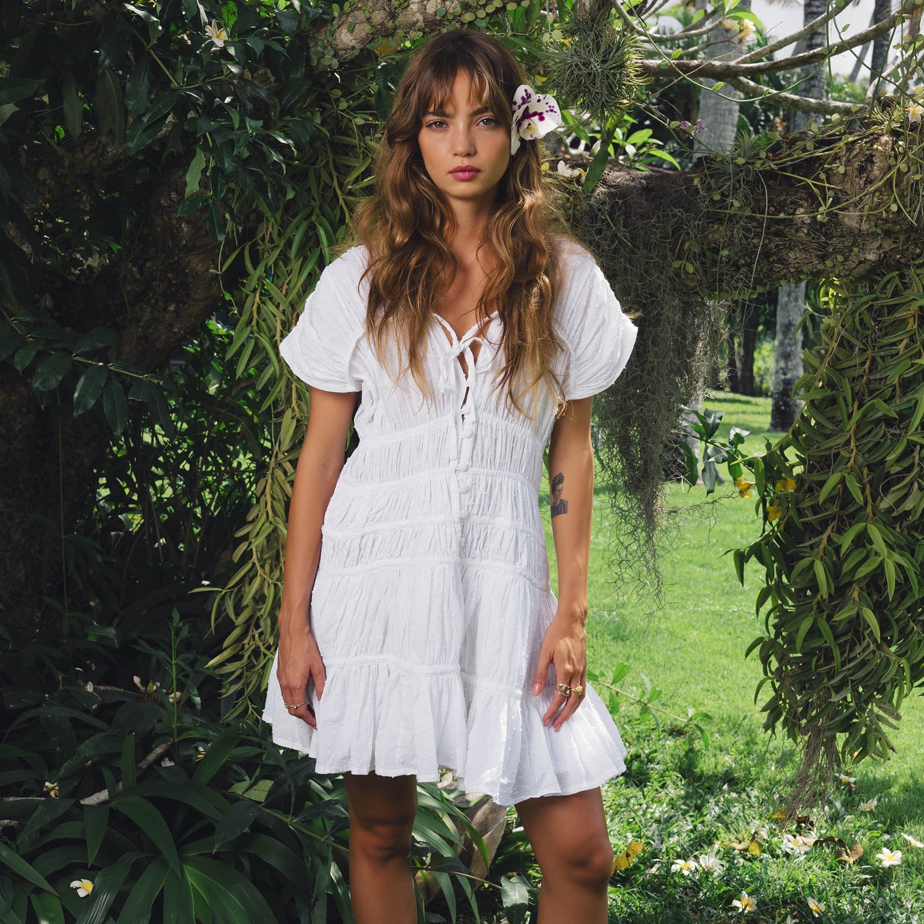 The Srikandi Mini Ruffle Dress In White - Diazza