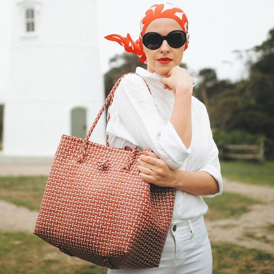 TOKO Recycled Woven Tote Bag, in Red & White - Diazza