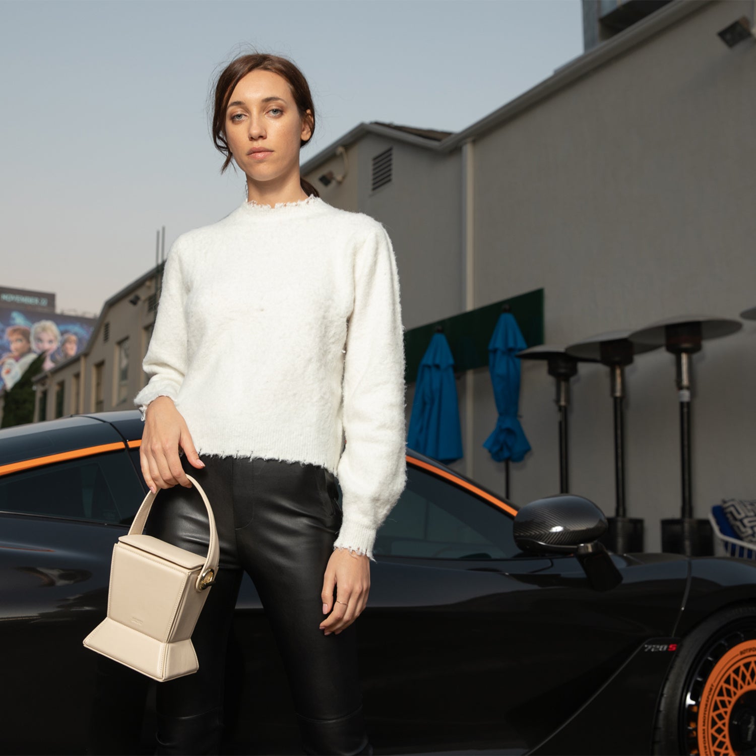 Women's Off White Leather Bucket Bag - SUSU Amber Geometric Crossbody Purse with Gold Hardware SUSU