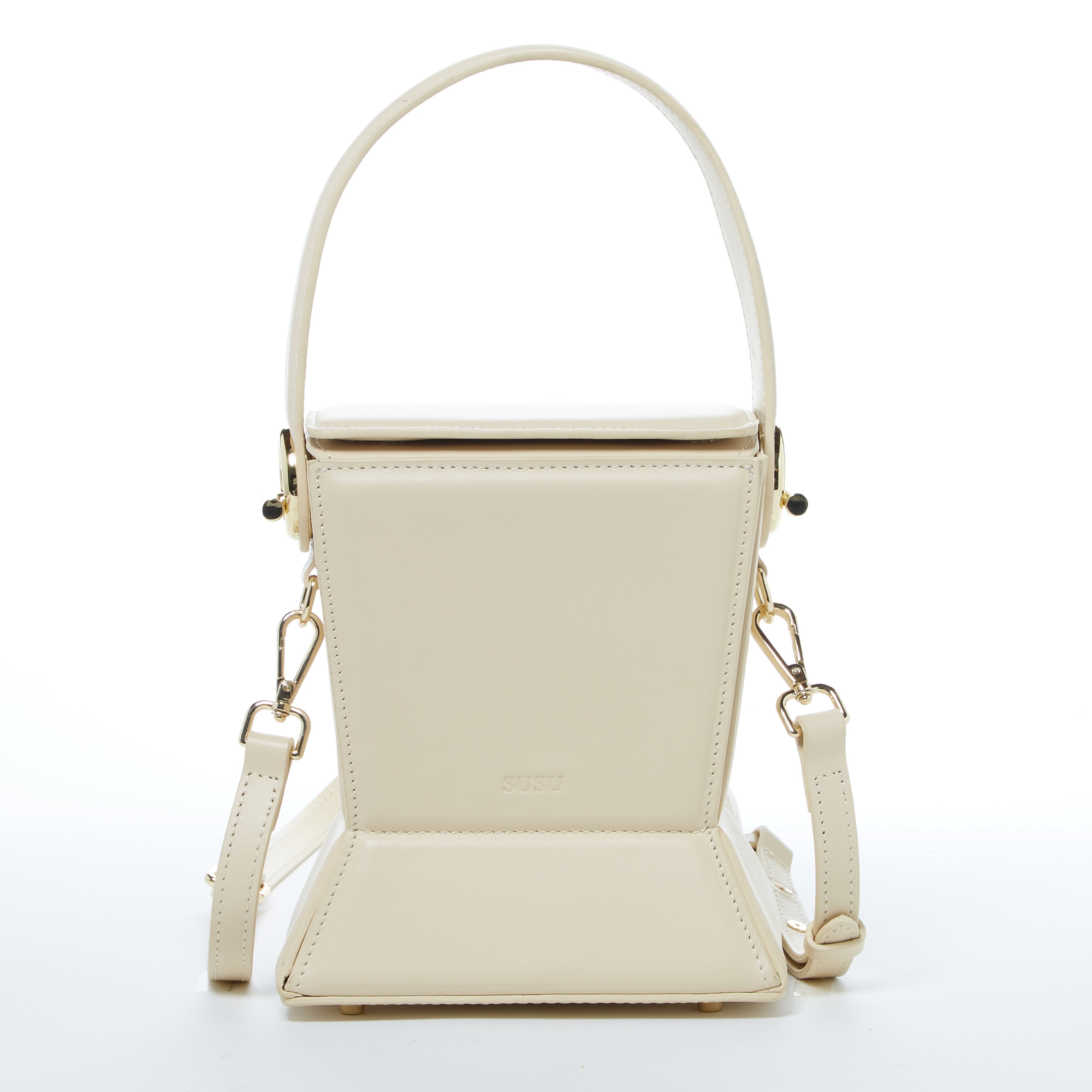 Women's Off White Leather Bucket Bag - SUSU Amber Geometric Crossbody Purse with Gold Hardware SUSU