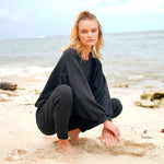 Women's Black Bamboo Fleece Sweater - HALEY Oversized Crewneck with Pockets - Diazza