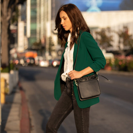 Women's Black Leather Bucket Bag - SUSU Patricia Drawstring Medium Purse - Diazza