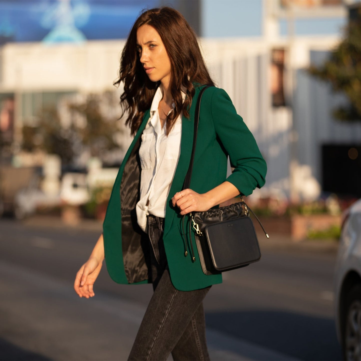 Women's Black Leather Bucket Bag - SUSU Patricia Drawstring Medium Purse - Diazza