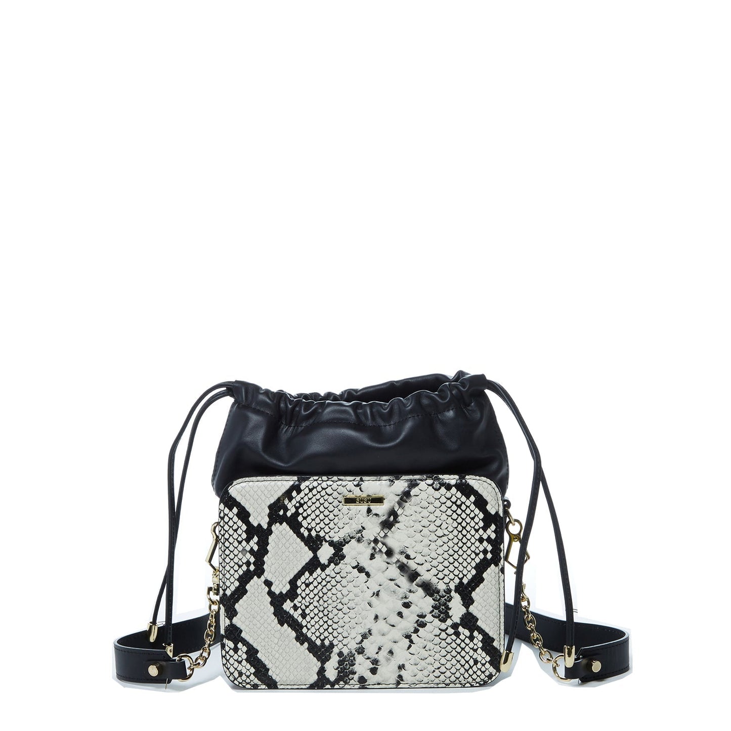 Women's Black Leather Bucket Bag - SUSU Patricia Snakeskin Print Drawstring Purse - Diazza