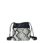 Women's Black Leather Bucket Bag - SUSU Patricia Snakeskin Print Drawstring Purse - Diazza