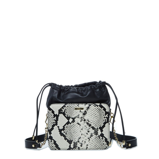 Women's Black Leather Bucket Bag - SUSU Patricia Snakeskin Print Drawstring Purse - Diazza