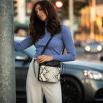 Women's Black Leather Bucket Bag - SUSU Patricia Snakeskin Print Drawstring Purse - Diazza