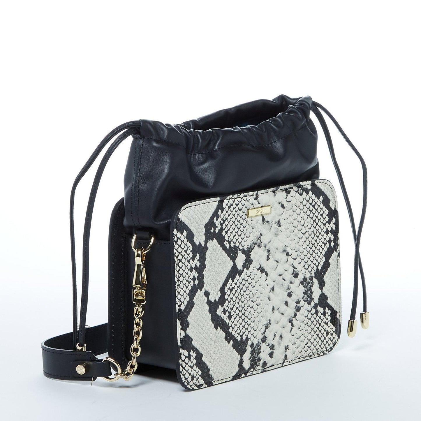 Women's Black Leather Bucket Bag - SUSU Patricia Snakeskin Print Drawstring Purse - Diazza