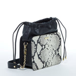 Women's Black Leather Bucket Bag - SUSU Patricia Snakeskin Print Drawstring Purse - Diazza