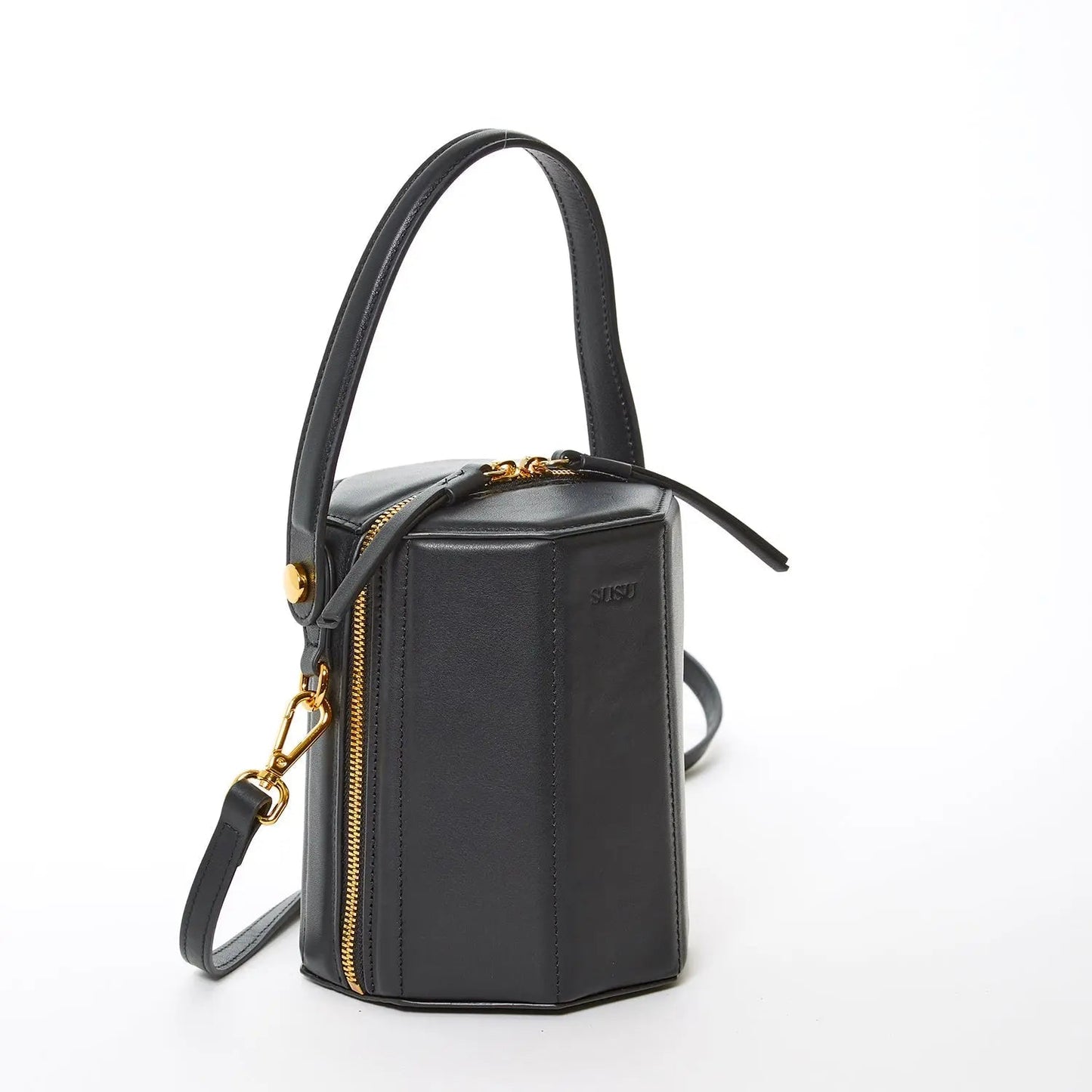 Women's Black Leather Bucket Bag - SUSU Small Crossbody Handbag with Gold Hardware - Diazza