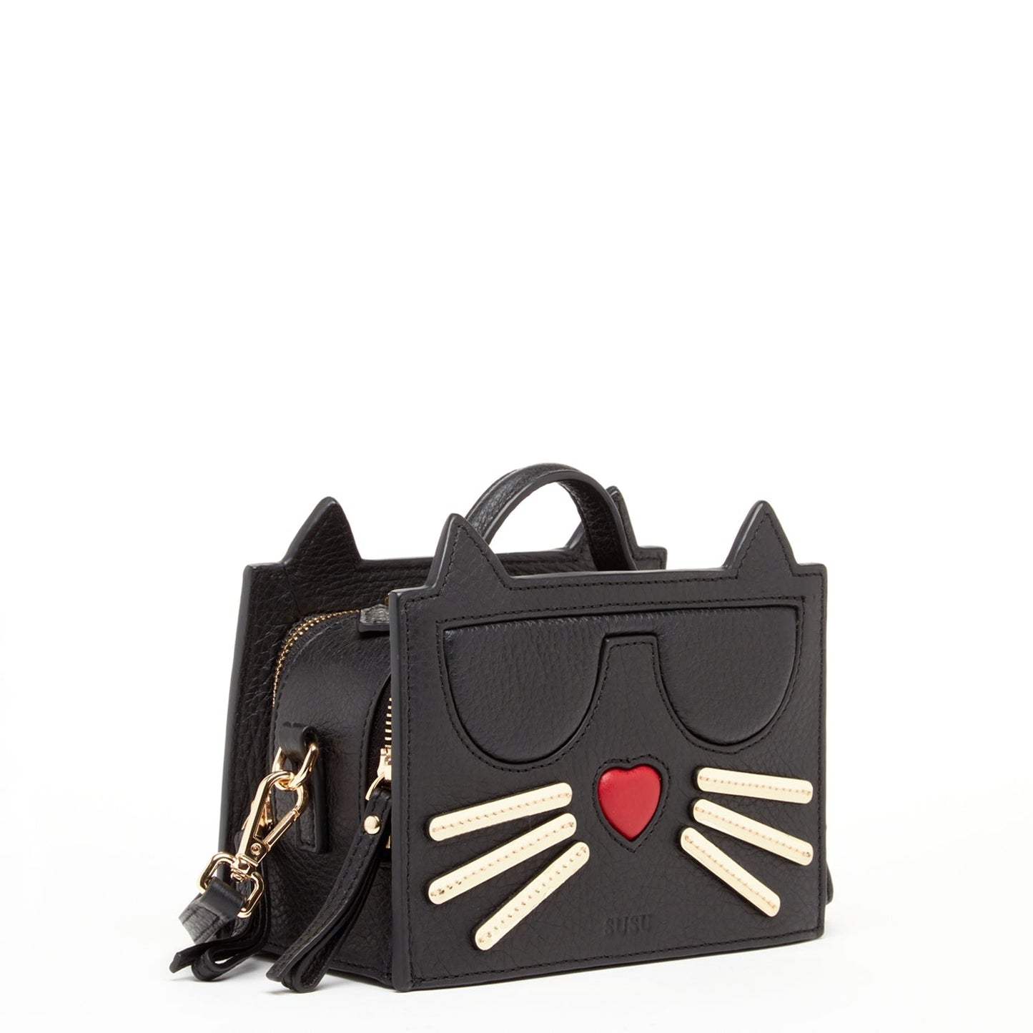 Women's Black Leather Cat Bag - SUSU Crossbody Purse with Cat Design - Diazza