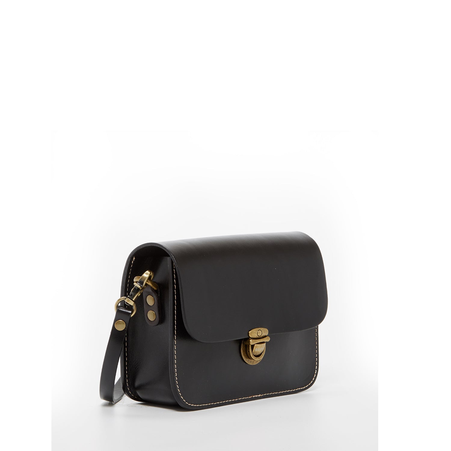Women's Black Leather Crossbody Bag - SUSU Nanah Camera Bag Style with Bronze Hardware - Diazza