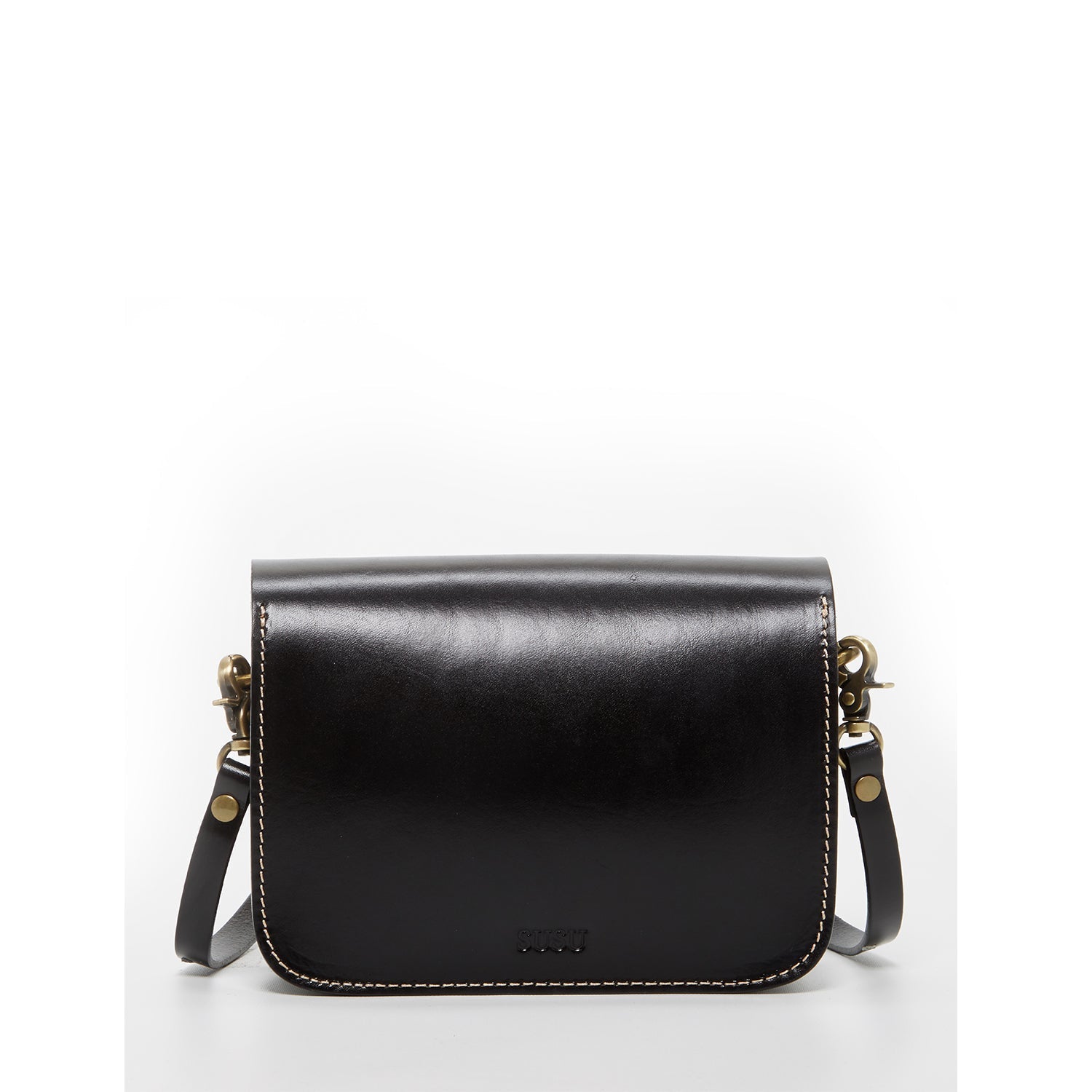 Women's Black Leather Crossbody Bag - SUSU Nanah Camera Bag Style with Bronze Hardware - Diazza